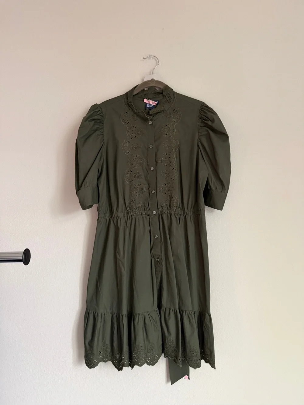Olive Eyelet Button-Front Midi Dress wrap dress with matching tie